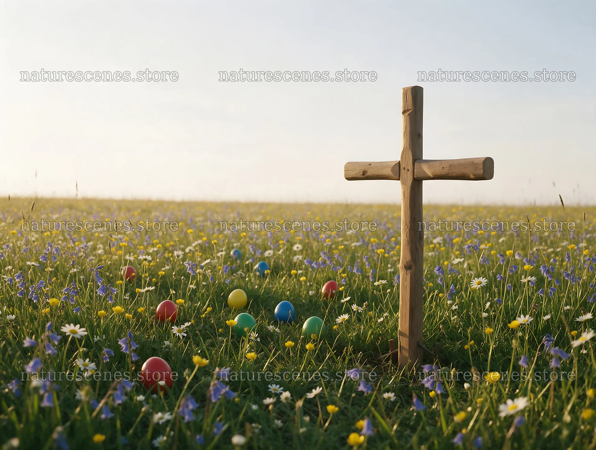 Rustic Christian cross in a spring meadow with colorful eggs – nature scenes 9134x6898