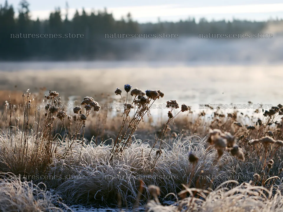 Snowy lakeside meadow with frost-covered plants in morning light – nature scenes 9174x6866