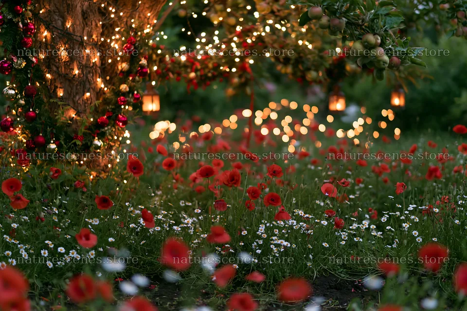 Christmas apple tree with lanterns in a meadow of flowers – nature scenes 9722x6480