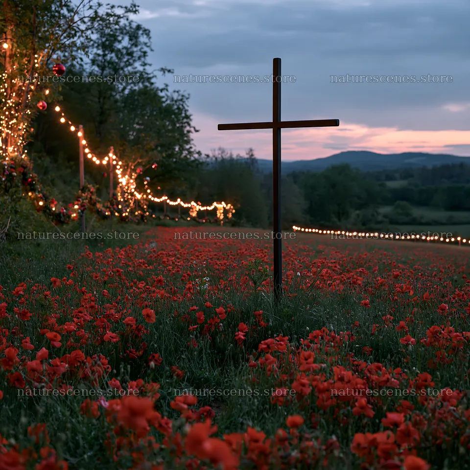 Iron Christian cross overlooking valley meadow at dusk – nature scenes 7938x7938