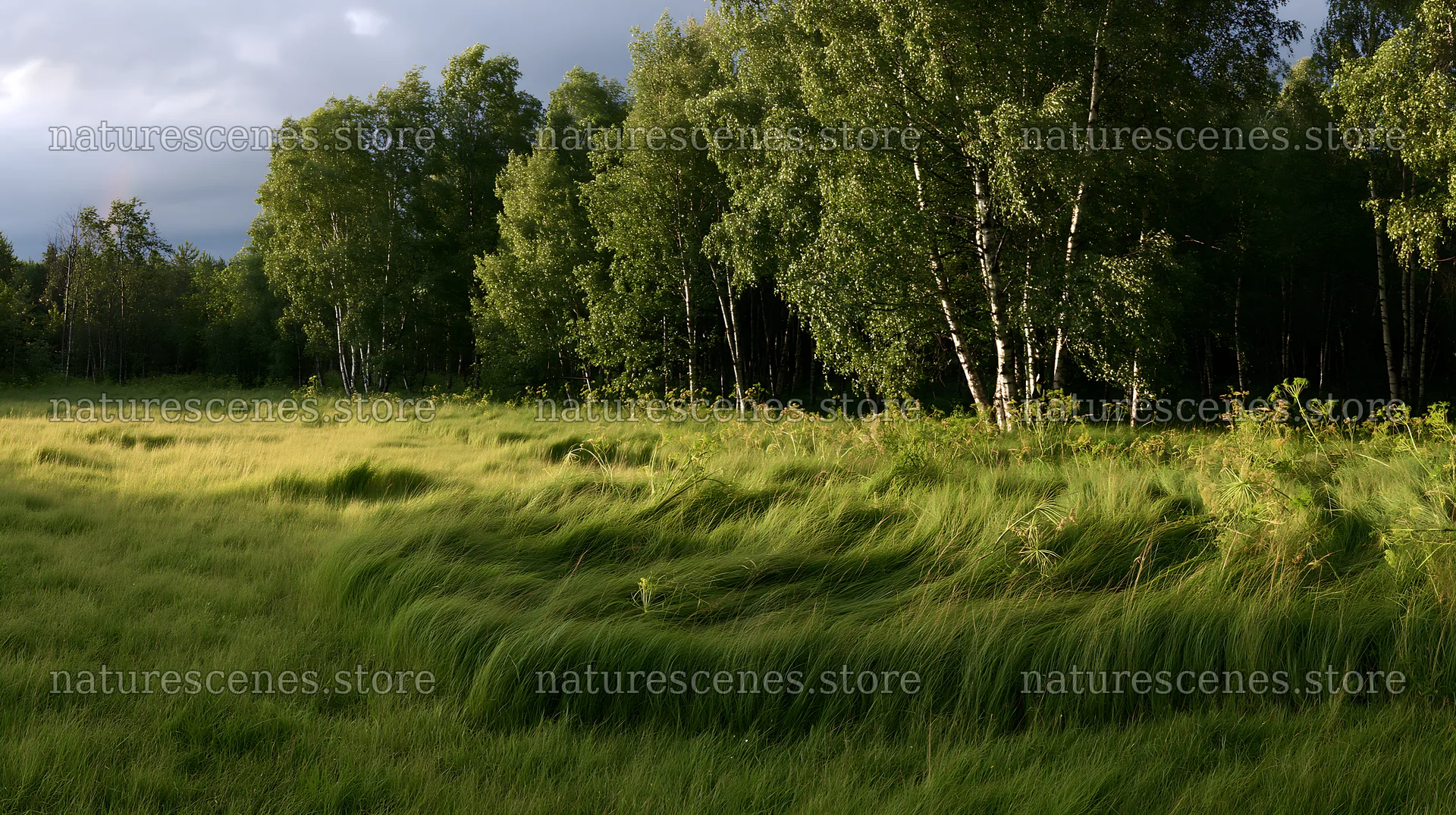 Birch forest meadow with grass and trees in natural setting – nature scenes 10608x5938