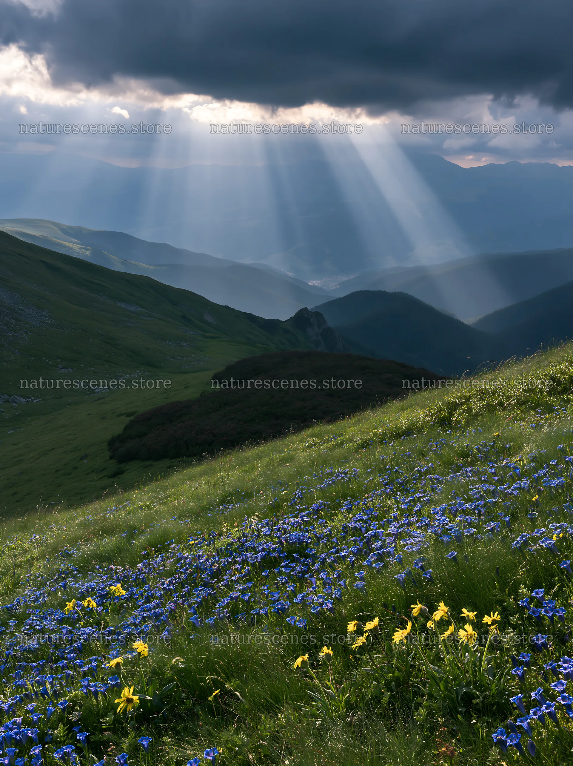 Light rays shine over Bucegi Mountains meadow with flowers – nature scenes 6866x9174