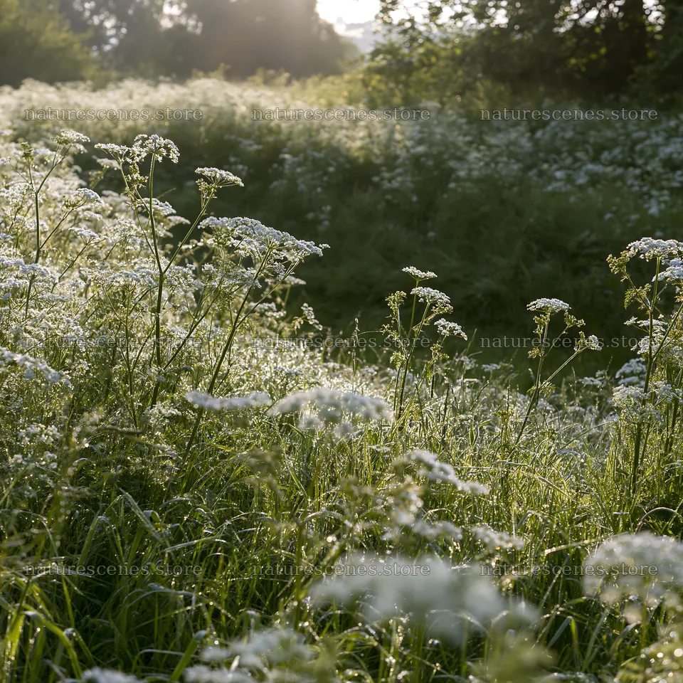 Cow parsley meadow with bright sunlight shining through – nature scenes 7938x7938