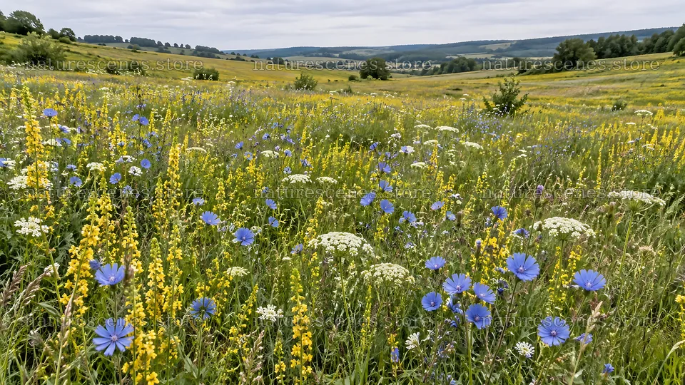 Blue and Yellow Wildflowers Across a Meadow – nature scenes 10324x5812