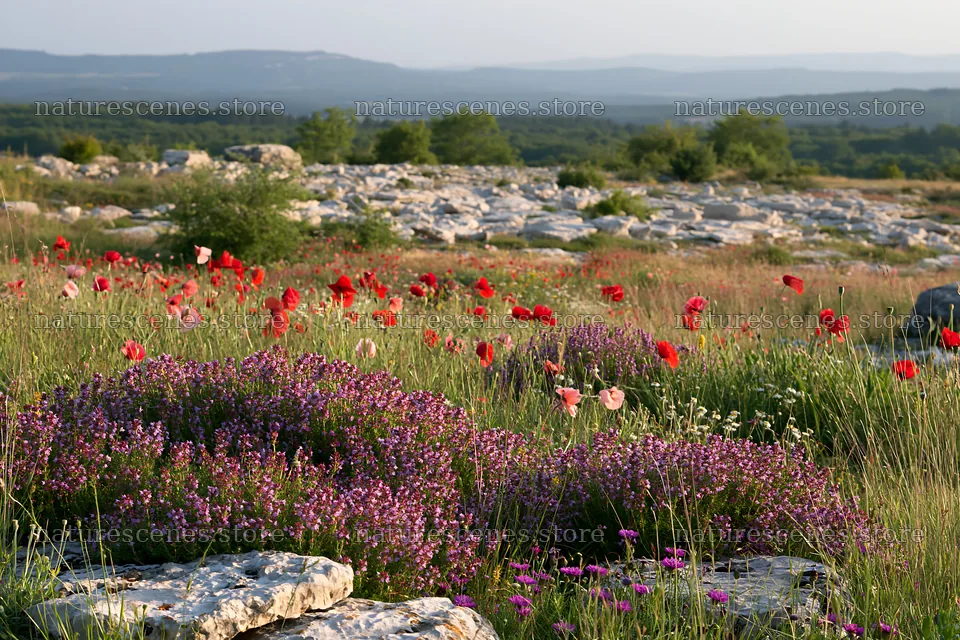 Rainwashed meadow with flowers and stones in natural setting – nature scenes 9722x6480