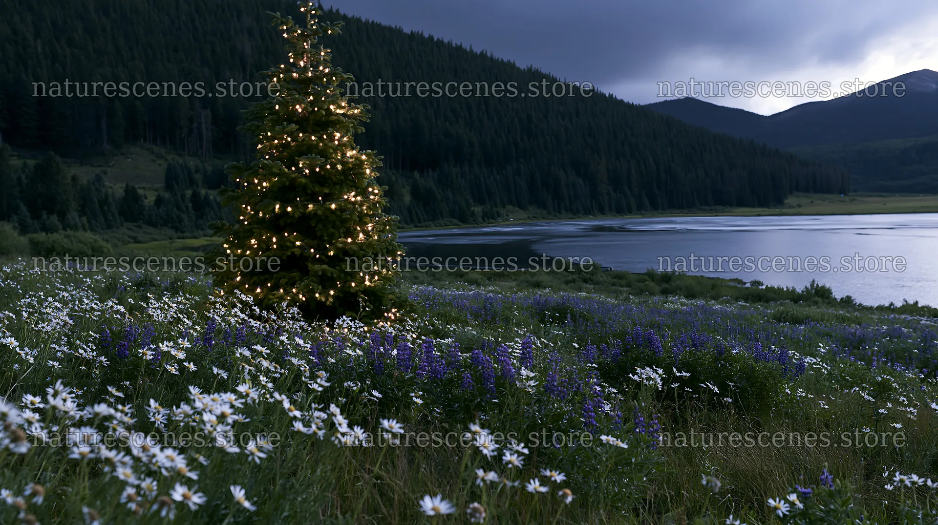 Christmas tree with lights in snowy mountain valley – nature scenes 10608x5938