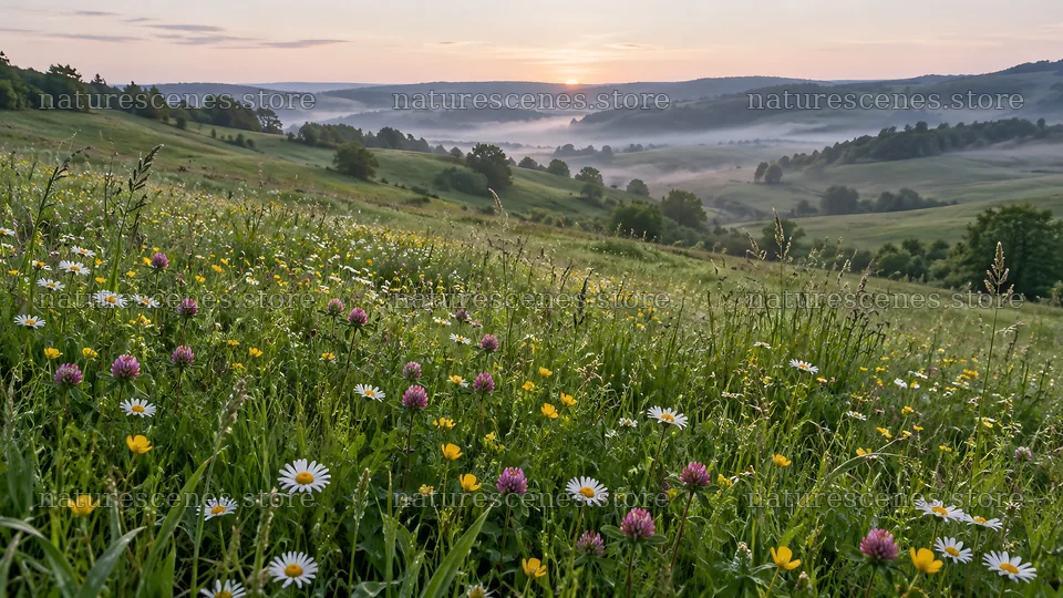 Wildflower Meadow Above a Misty Valley at Sunrise – nature scenes 10324x5812