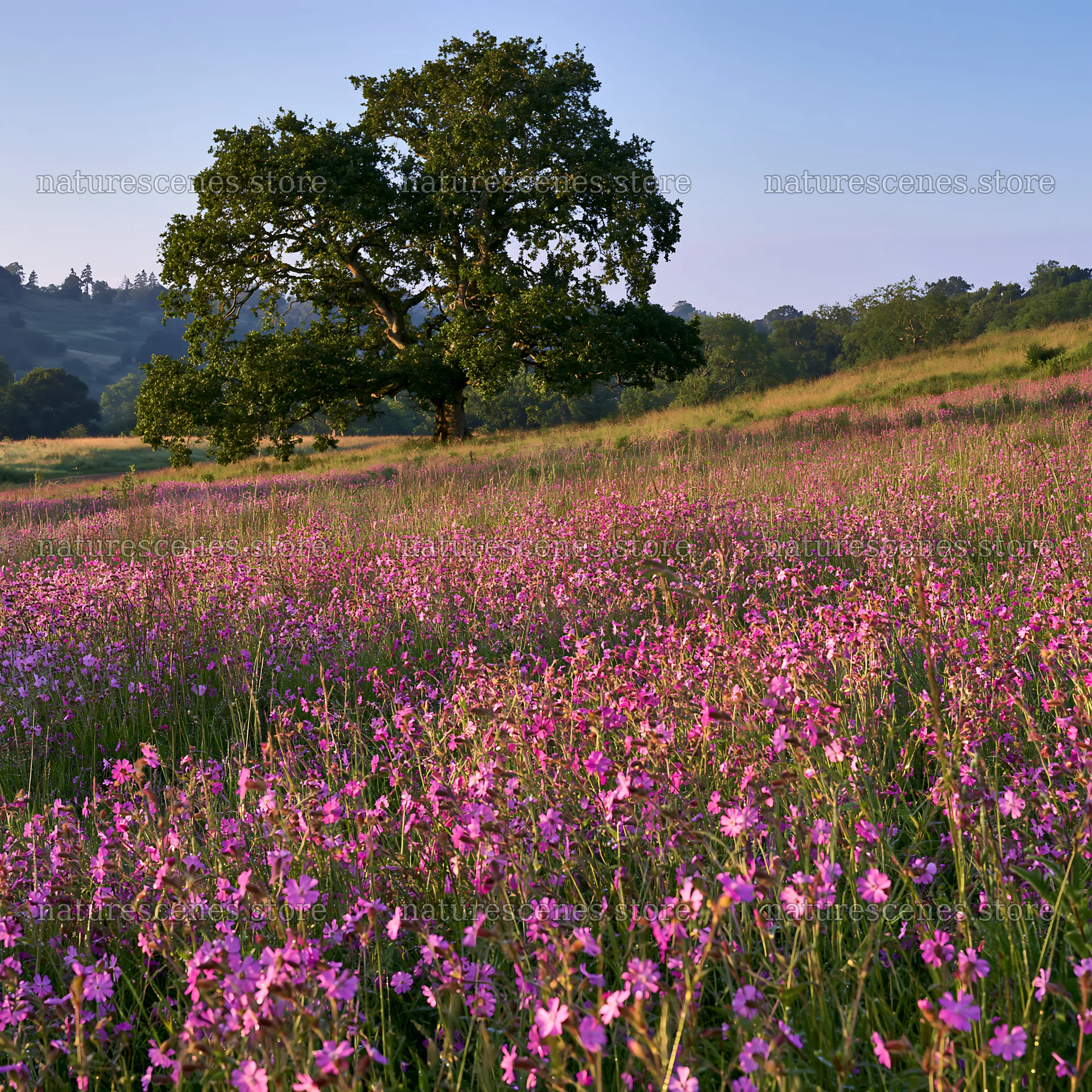 Pink campion meadow with tree during daylight – nature scenes 7938x7938