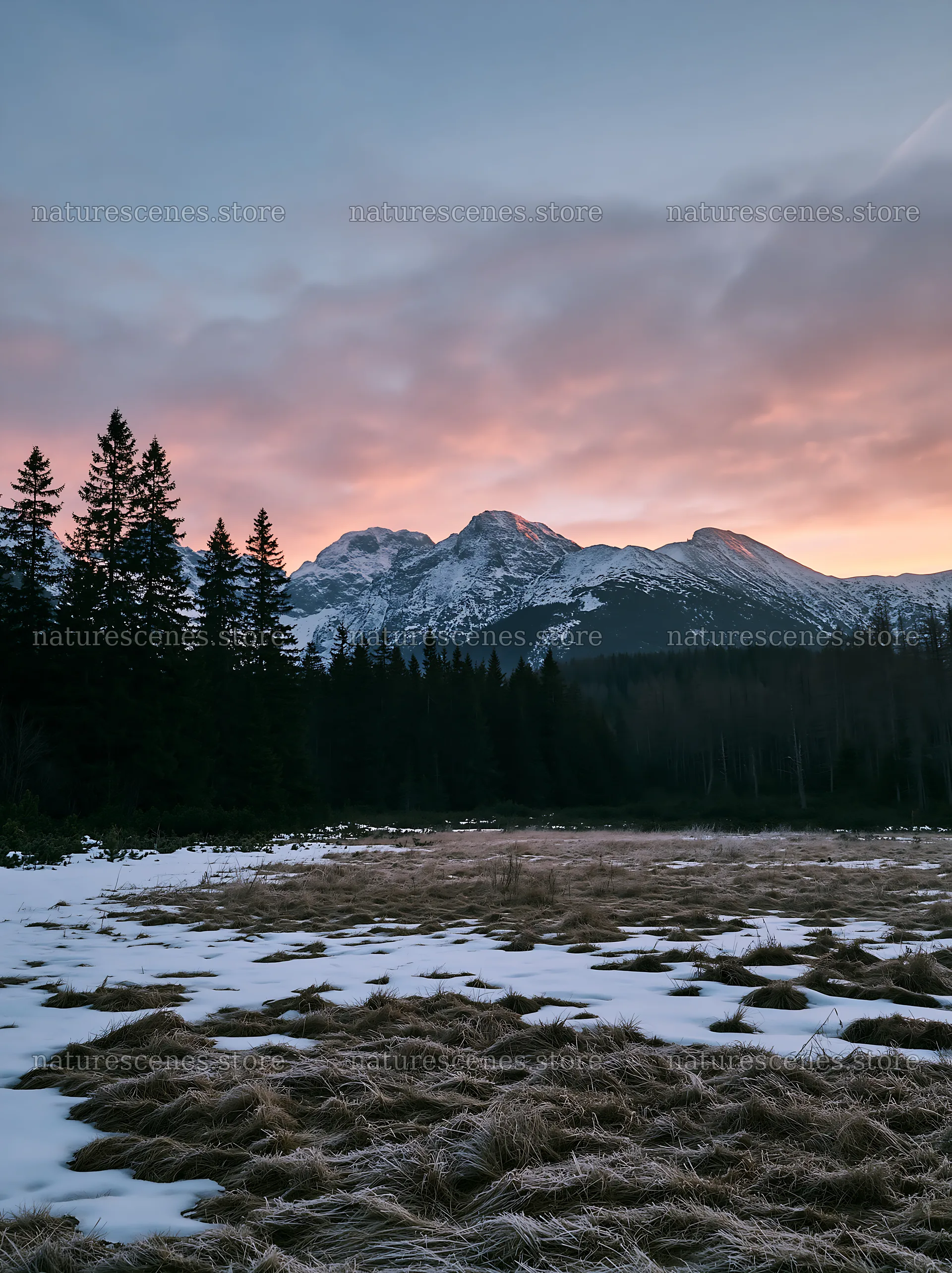 Spring snowmelt at Tatra Mountains meadow during sunset – nature scenes 6866x9174