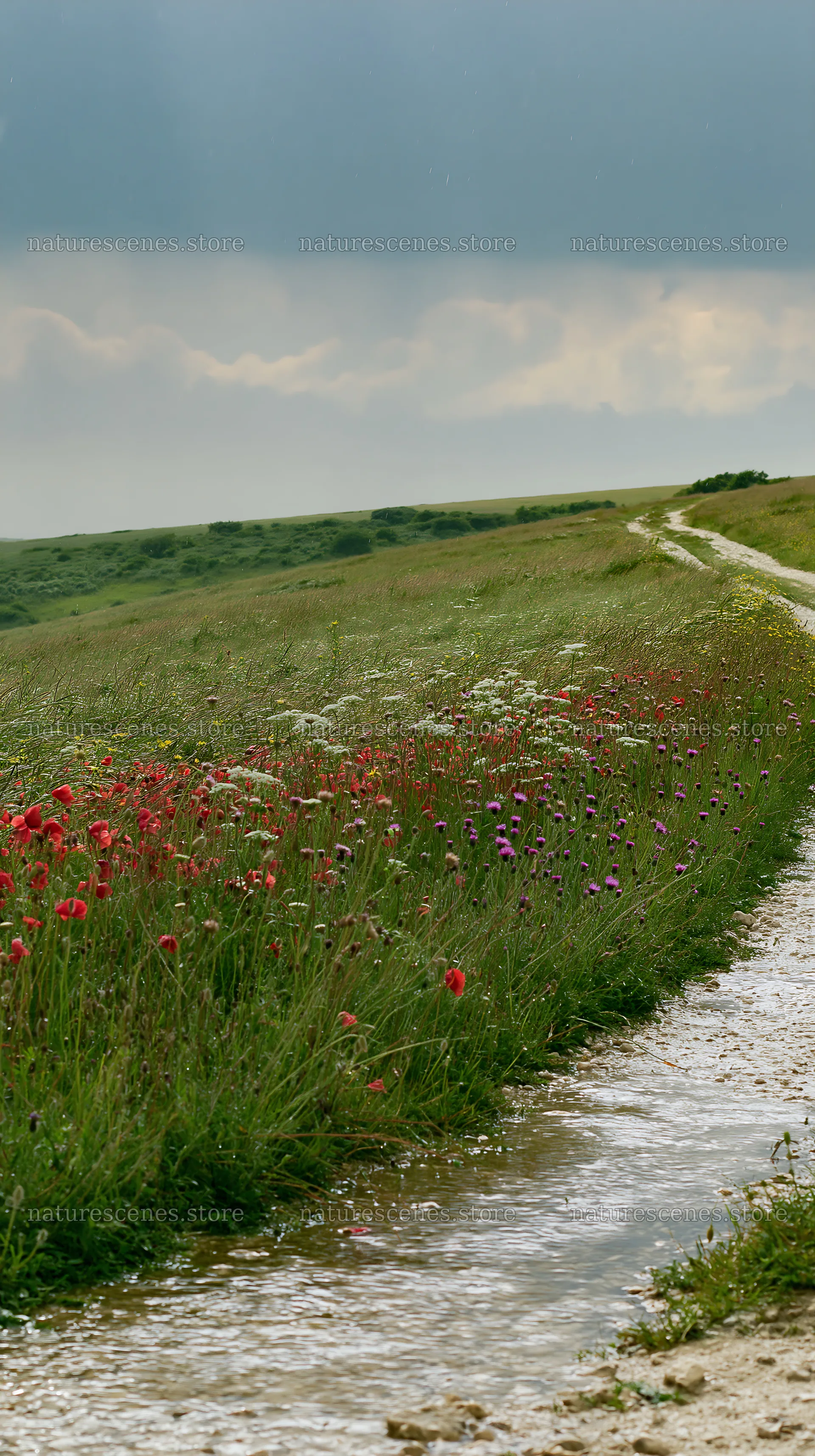 Rainwashed meadow with wildflowers and dirt path – nature scenes 5938x10608