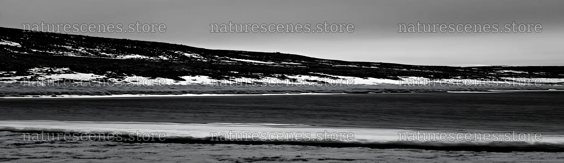 Snowy highland meadow near a frozen body of water – nature scenes 14762x4268