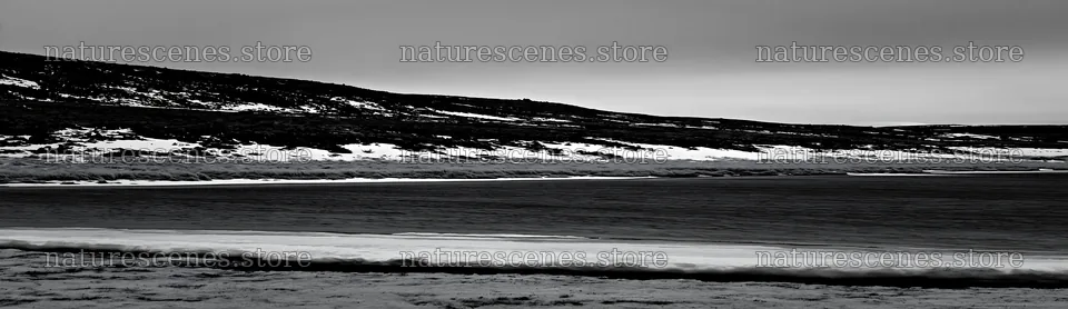 Snowy highland meadow near a frozen body of water – nature scenes 14762x4268