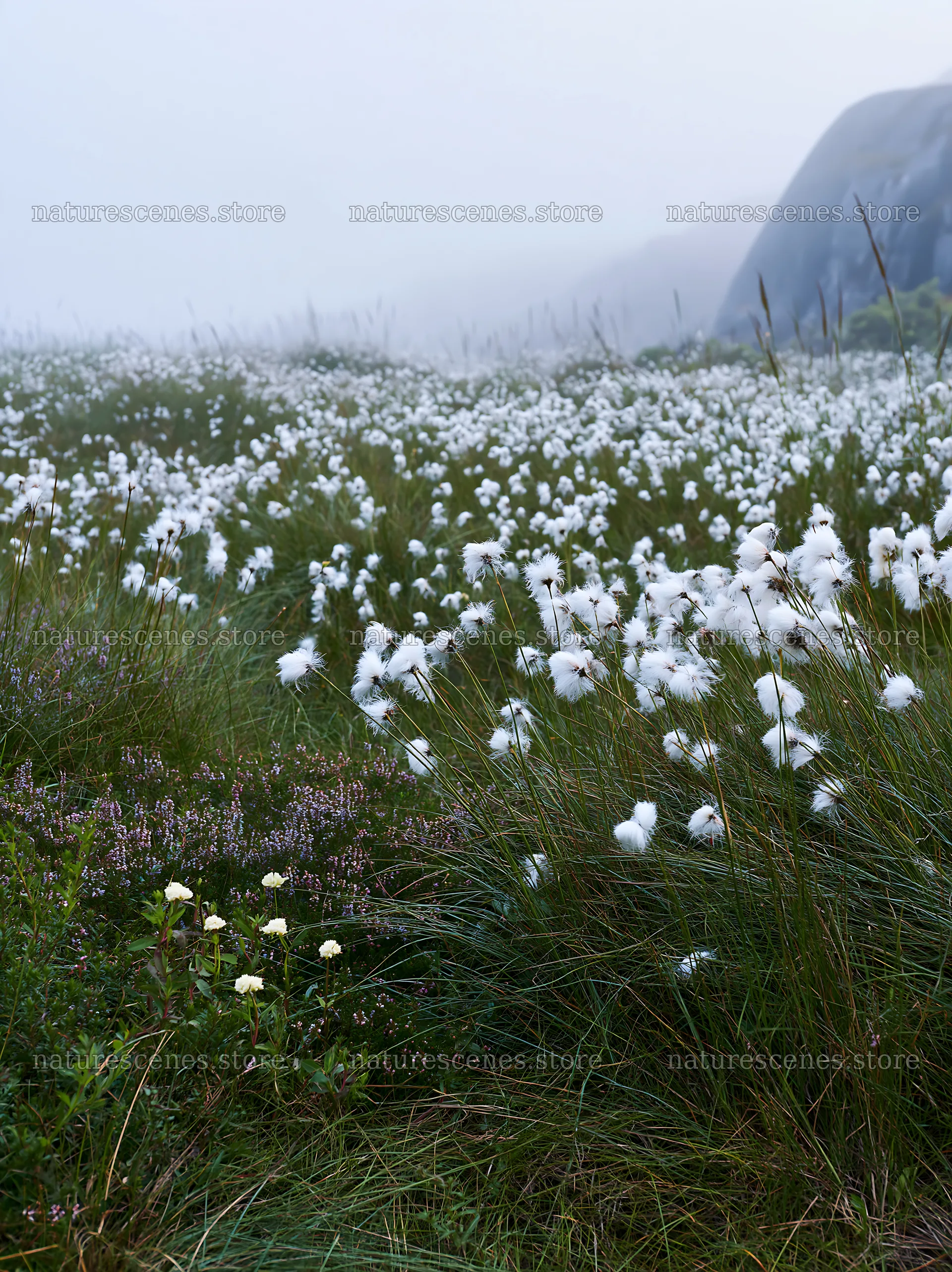Cottongrass meadow with fog and rocky backdrop – nature scenes 6866x9174