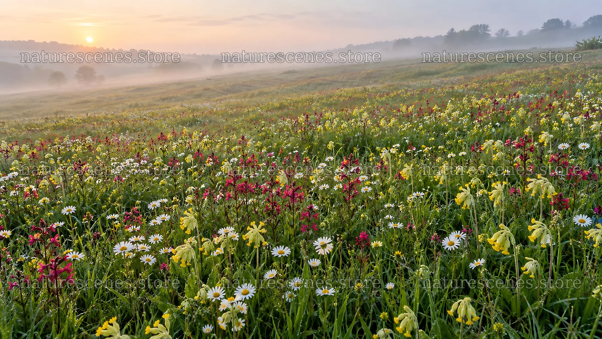 Wildflower Meadow in Morning Mist at Sunrise – nature scenes 10324x5812