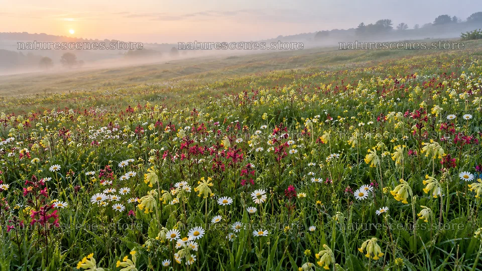 Wildflower Meadow in Morning Mist at Sunrise – nature scenes 10324x5812