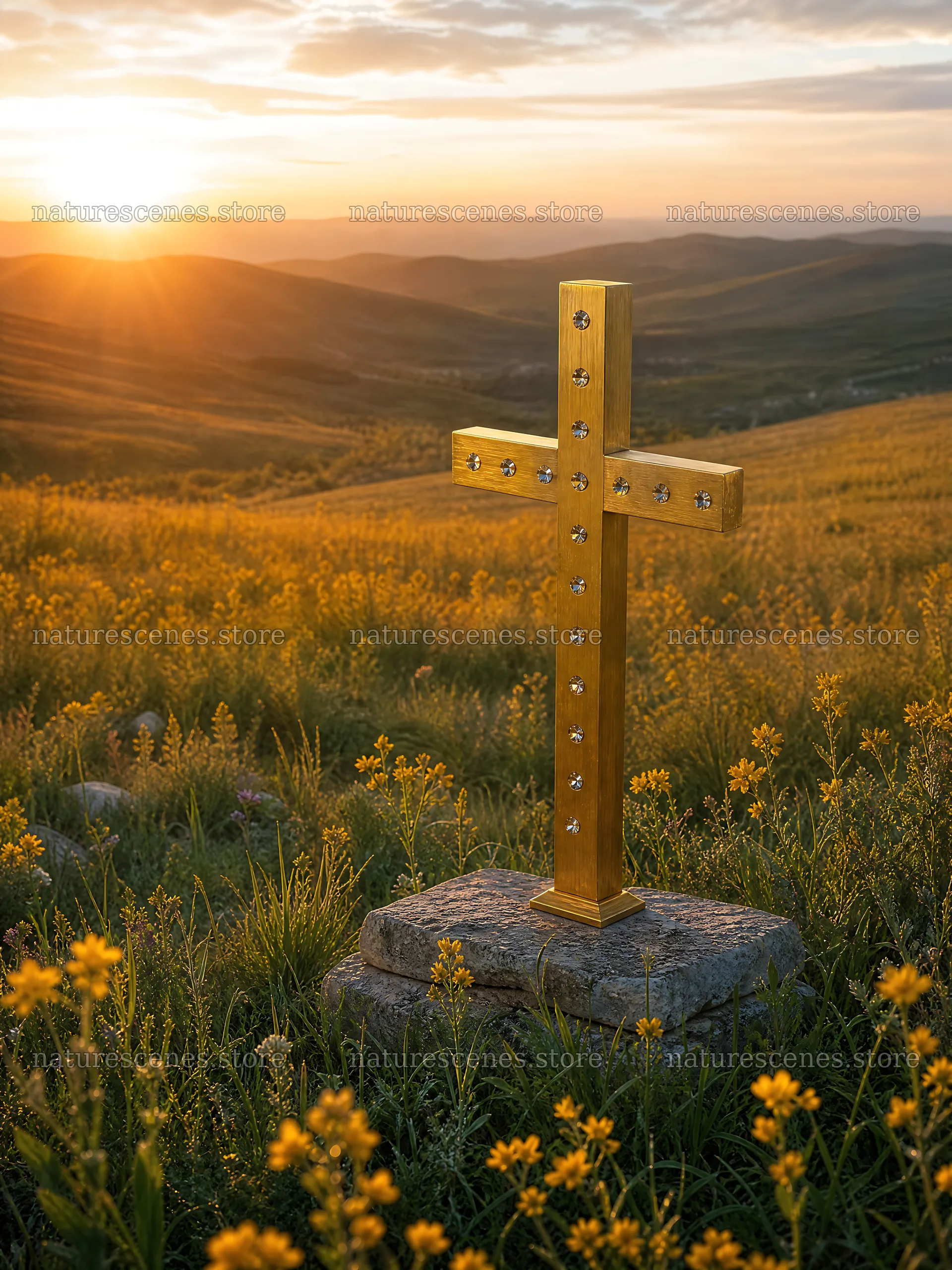 Golden Christian cross at sunset in a meadow – nature scenes 6874x9166