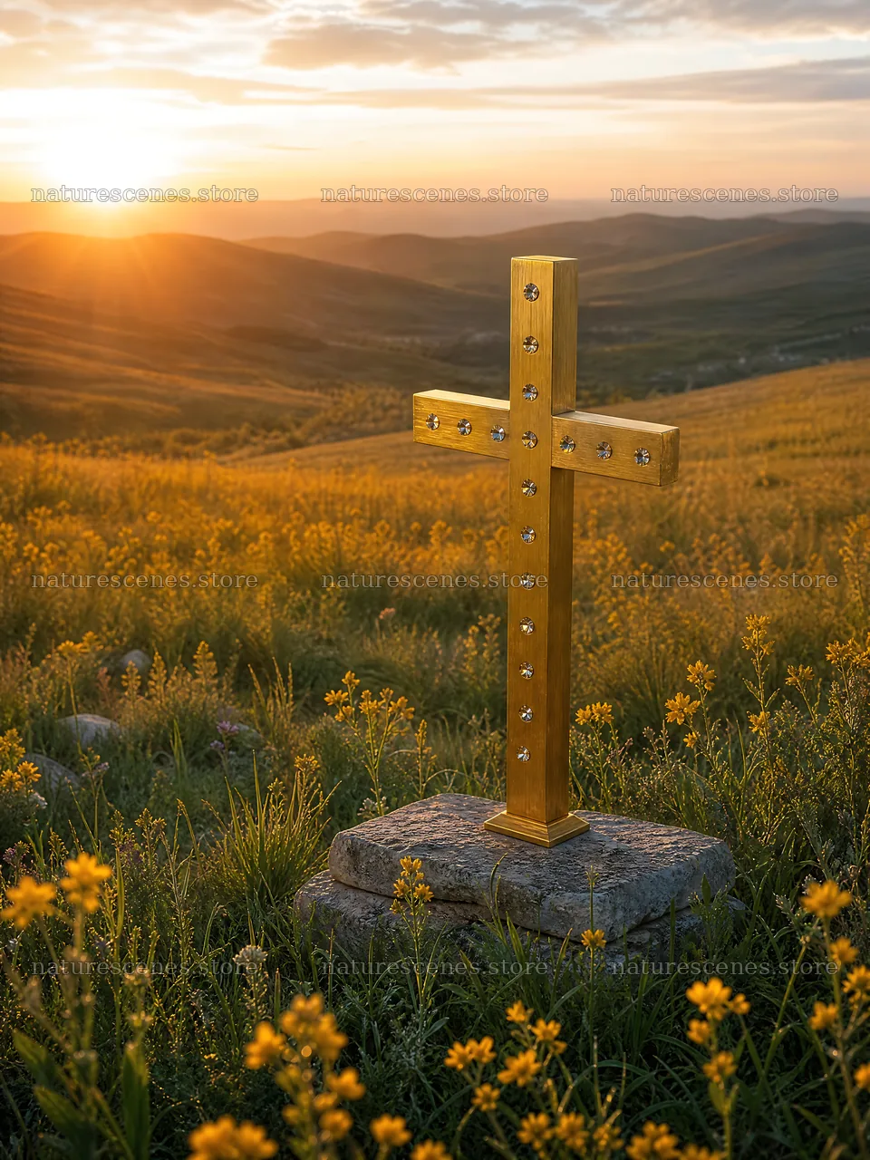Golden Christian cross at sunset in a meadow – nature scenes 6874x9166