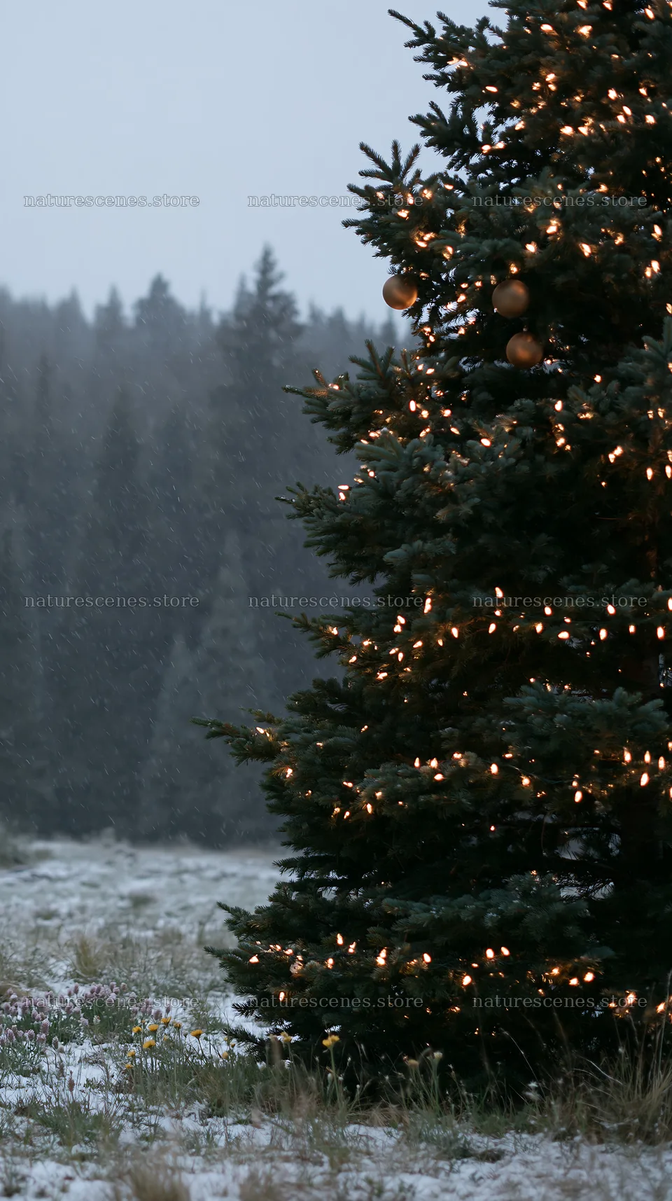 Christmas tree in mountain meadow after snowfall – nature scenes 5938x10608