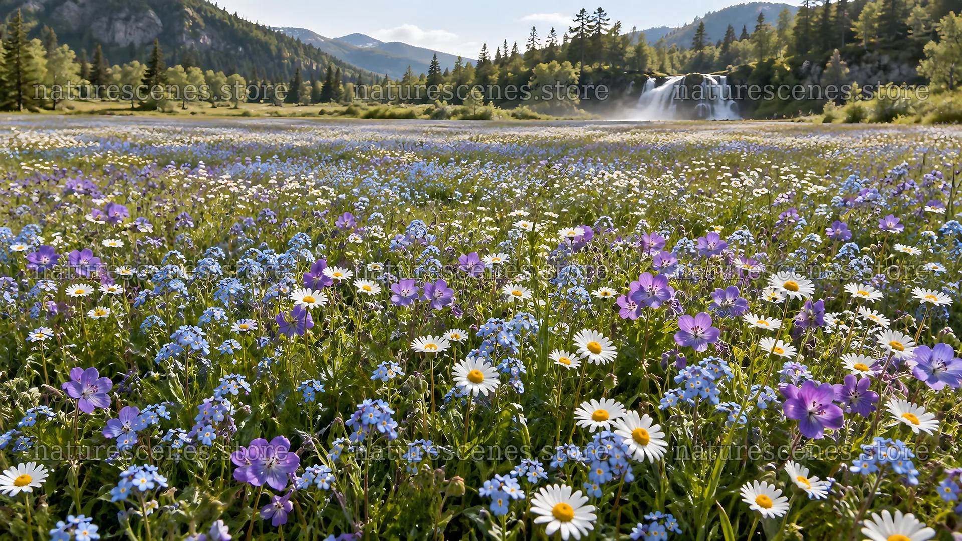 Wildflower Meadow Beneath a Mountain Waterfall – nature scenes 10324x5812