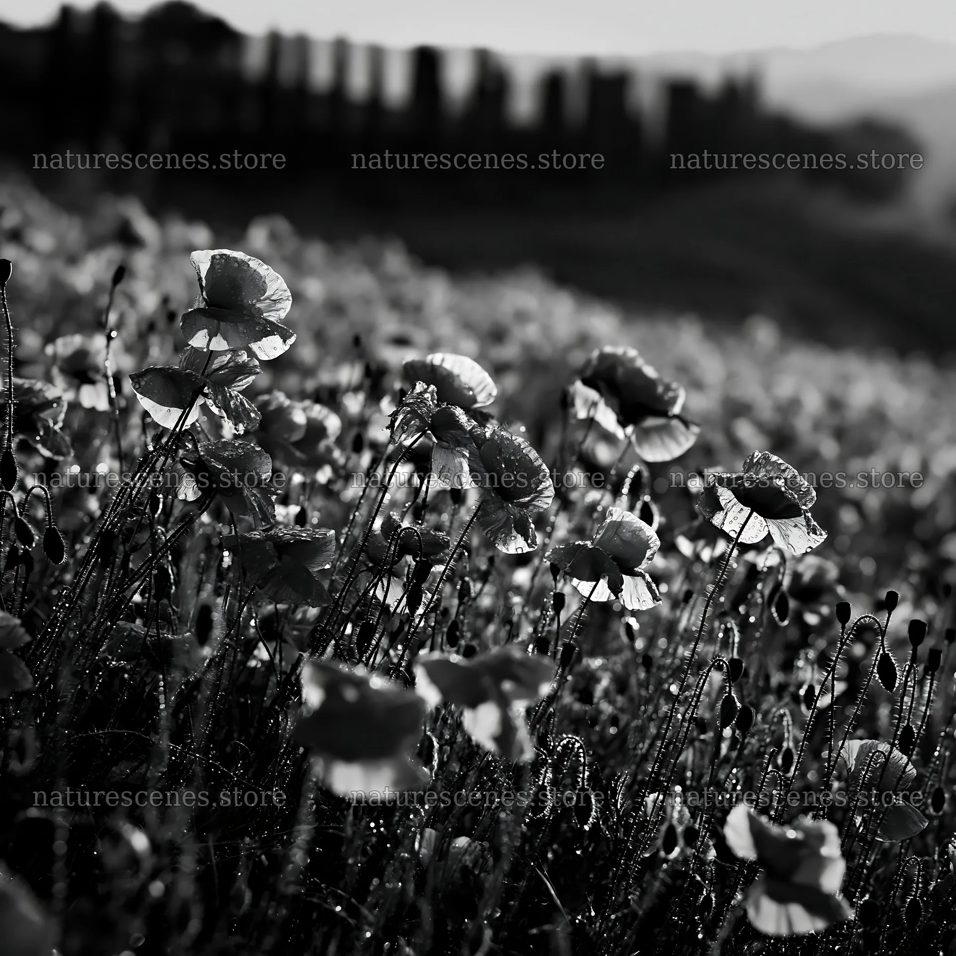 Rainwashed meadow with blooming flowers in black and white – nature scenes 7938x7938