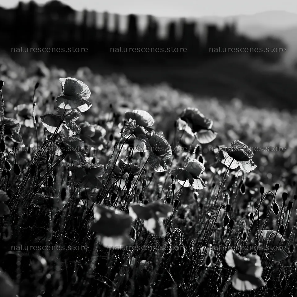 Rainwashed meadow with blooming flowers in black and white – nature scenes 7938x7938