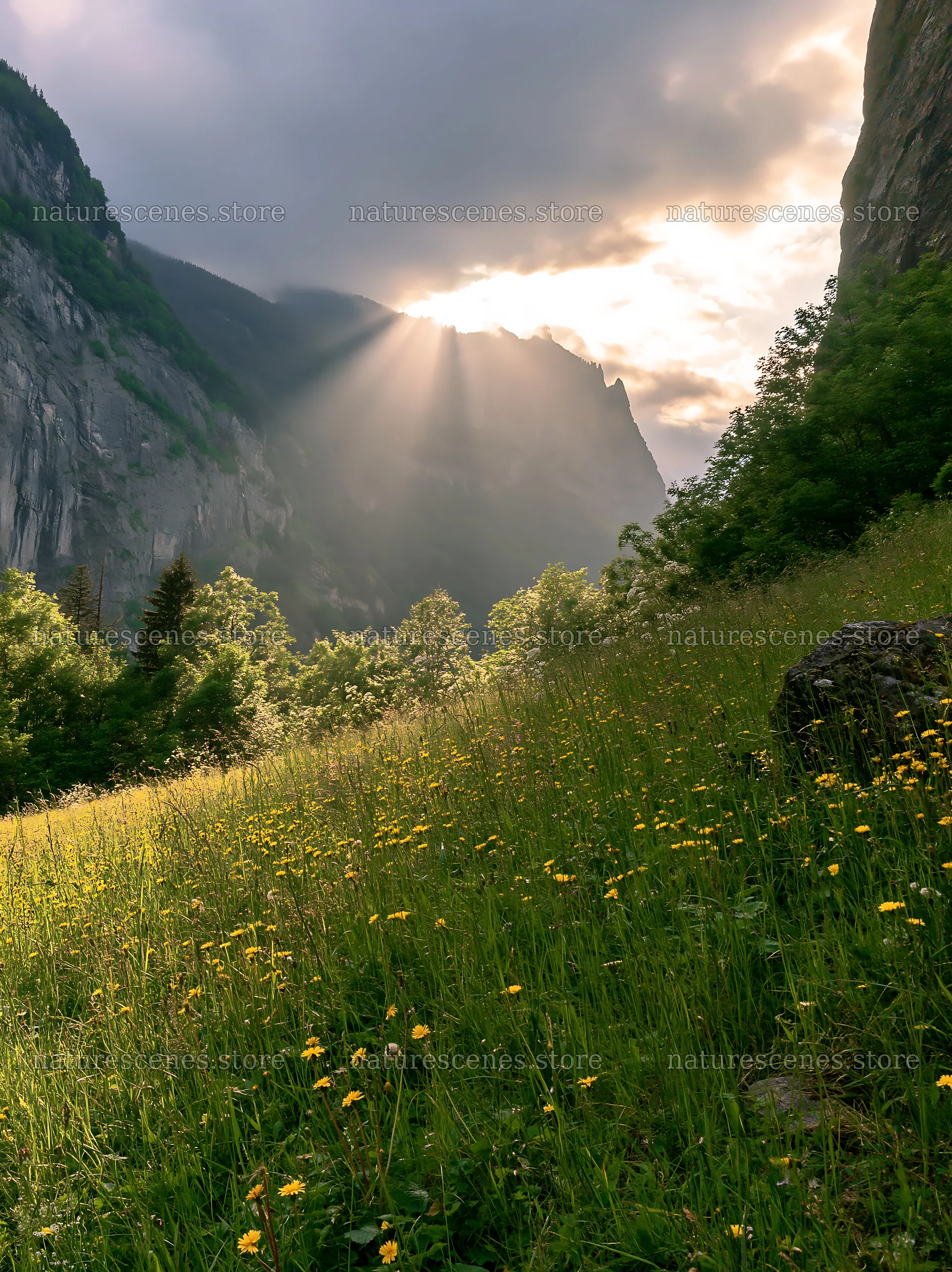 Lauterbrunnen Valley meadow light rays create a stunning view – nature scenes 6866x9174