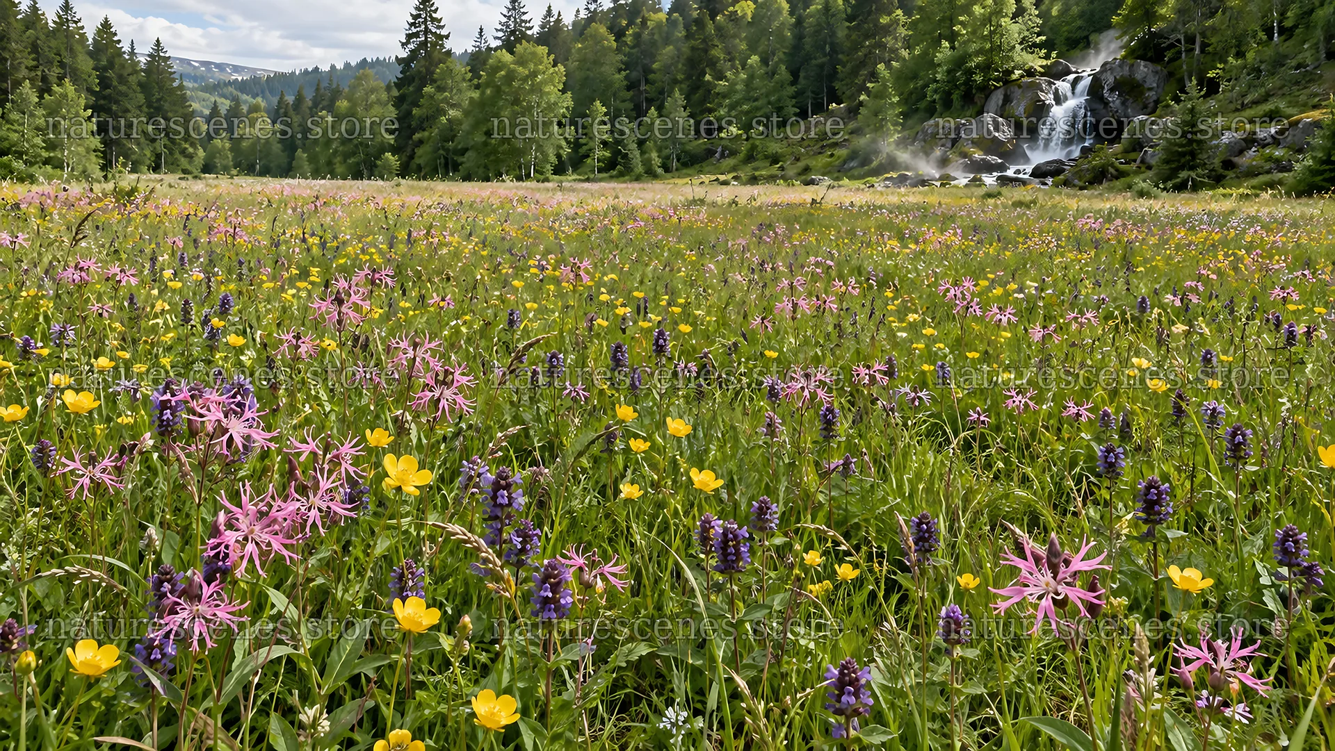 Colorful Wildflower Meadow in a Forest Clearing – nature scenes 10324x5812