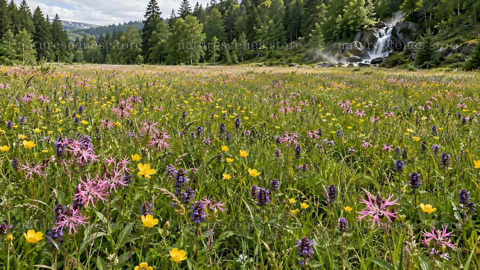 Colorful Wildflower Meadow in a Forest Clearing – nature scenes 10324x5812