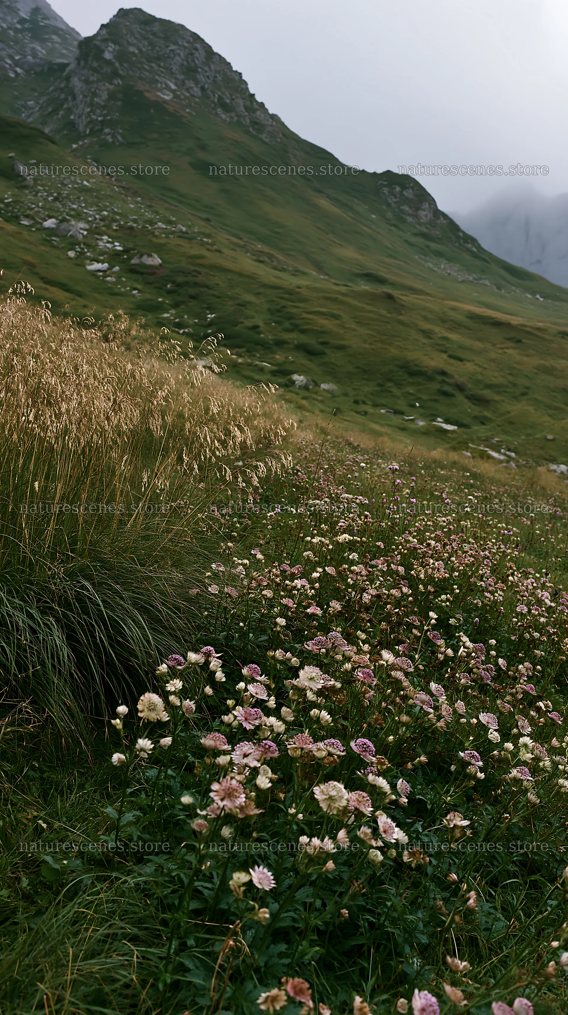 Seedhead meadow with flowers and hills in the background – nature scenes 5938x10608
