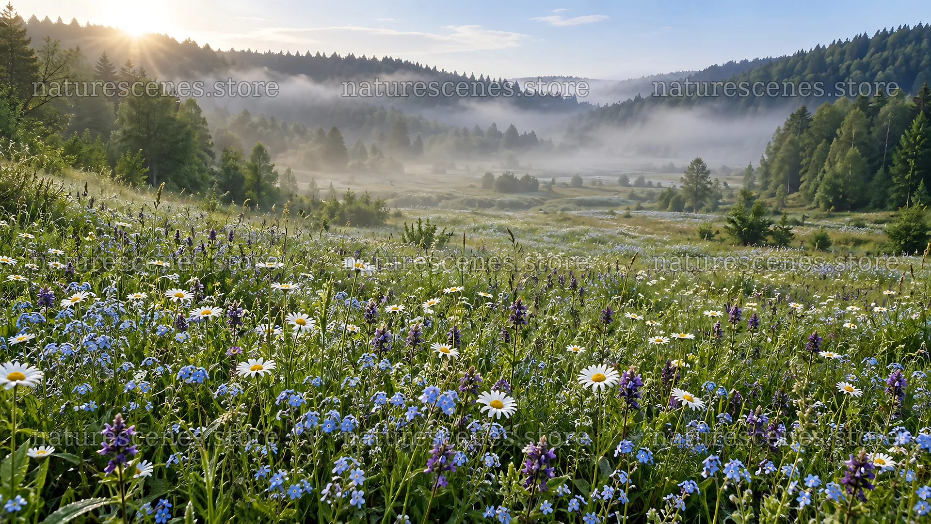 Rim-Lit Wildflower Meadow in a Forest Clearing – nature scenes 10324x5812