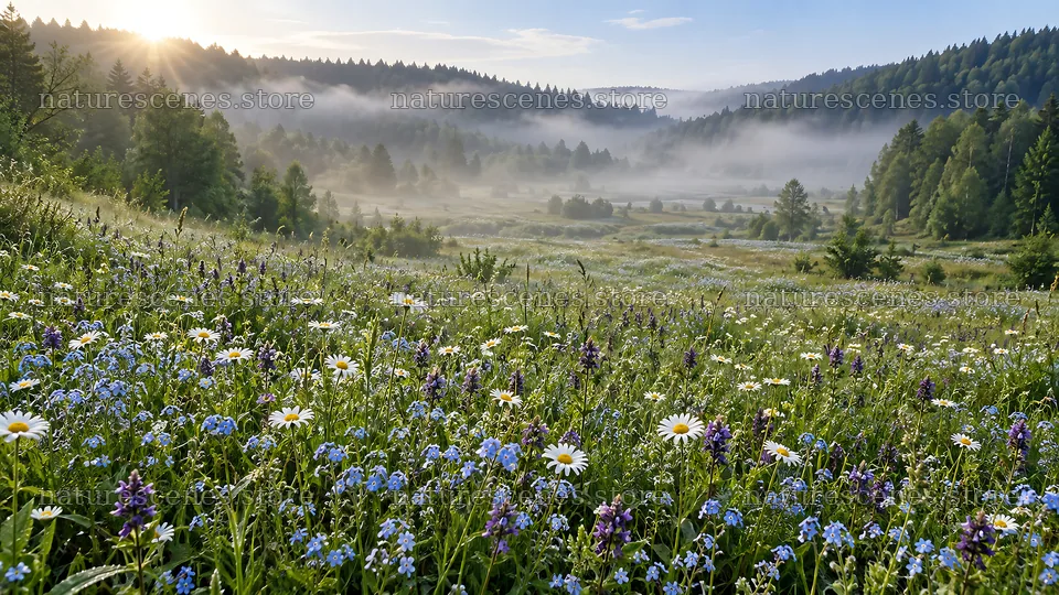 Rim-Lit Wildflower Meadow in a Forest Clearing – nature scenes 10324x5812