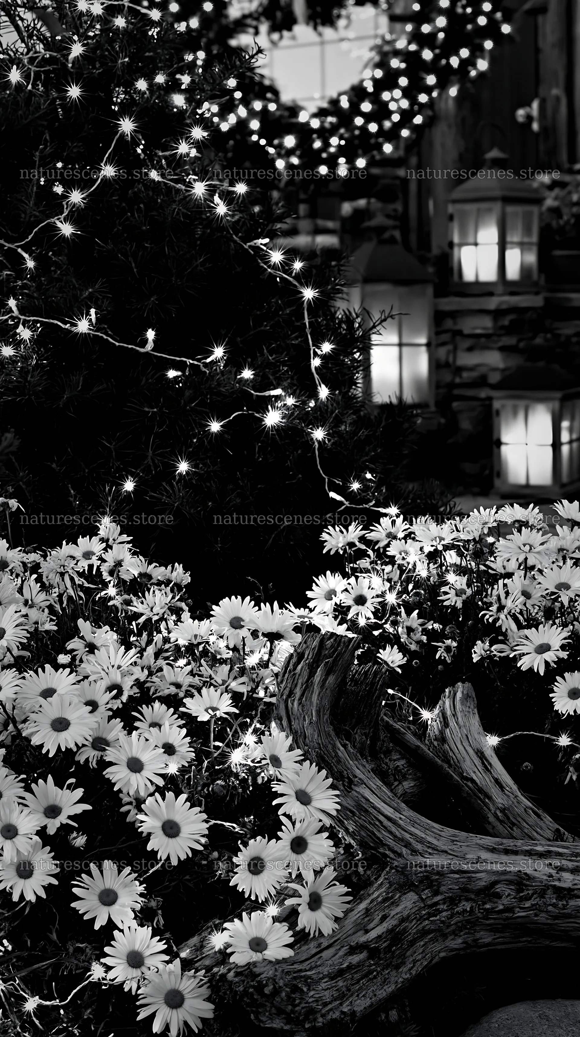 Expansive meadow of white daisies with lights and driftwood – nature scenes 5938x10608