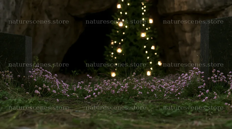 Christmas tree with lanterns in meadow by cave – nature scenes 10608x5938