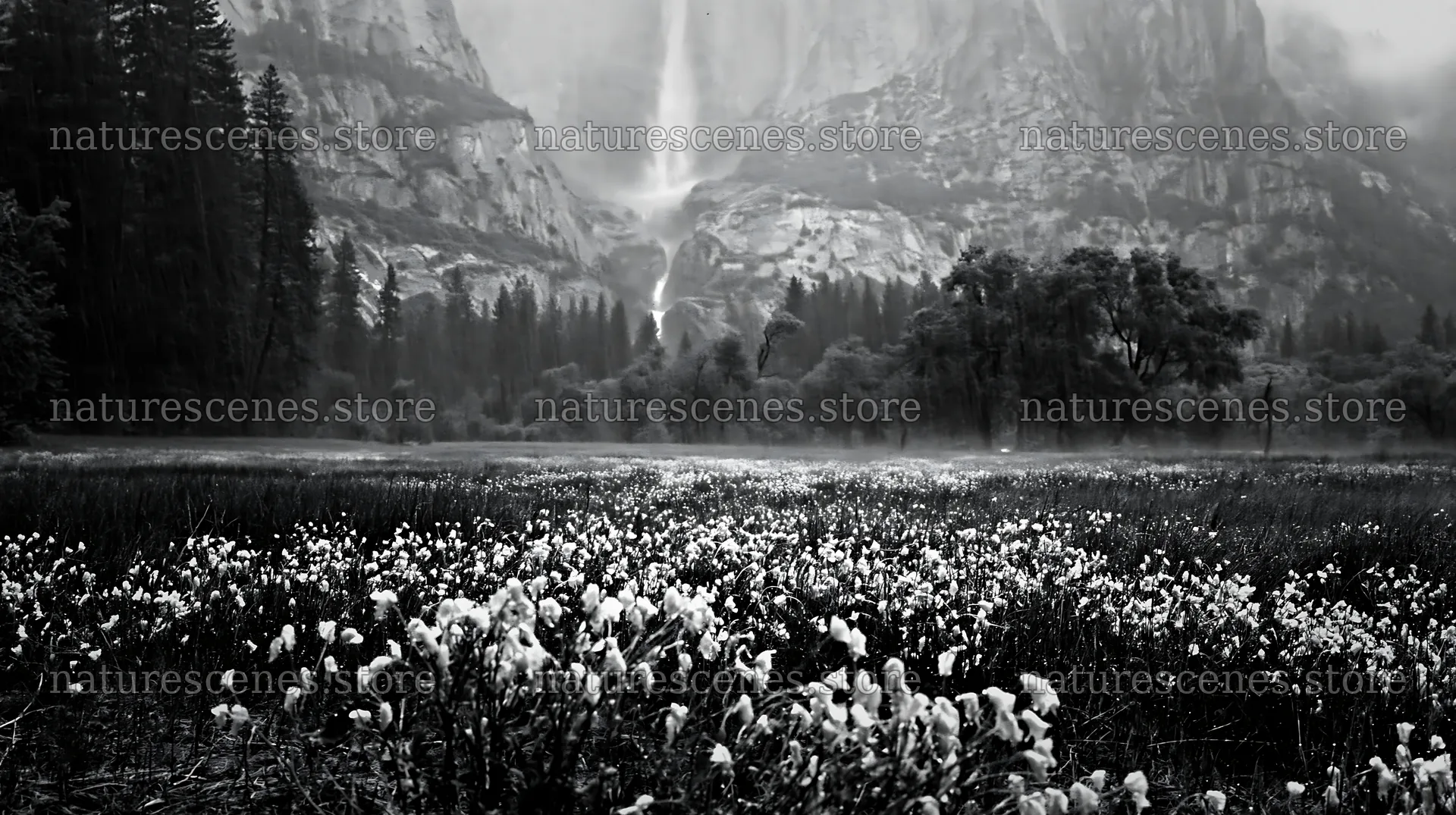 Cascade valley flower meadow with distant waterfall – nature scenes 10608x5938