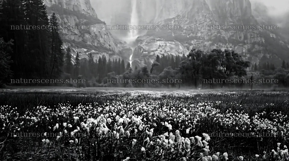 Cascade valley flower meadow with distant waterfall – nature scenes 10608x5938
