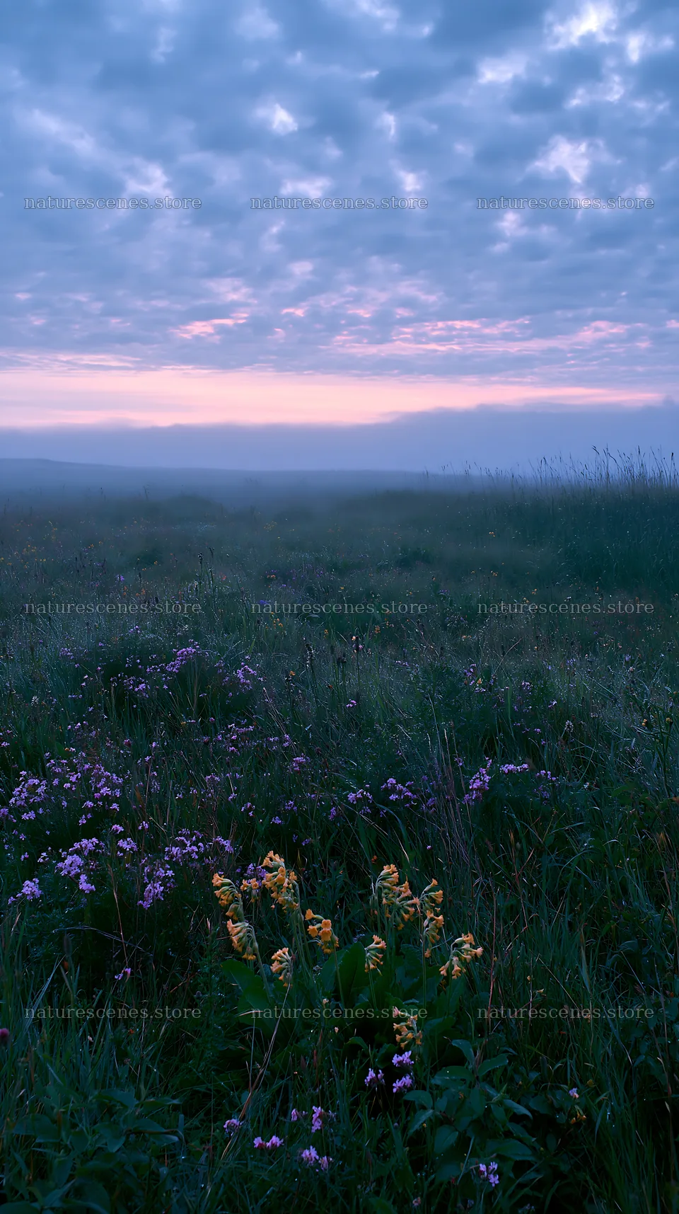 Spring meadow at dawn with wildflowers and soft light – nature scenes 5938x10608