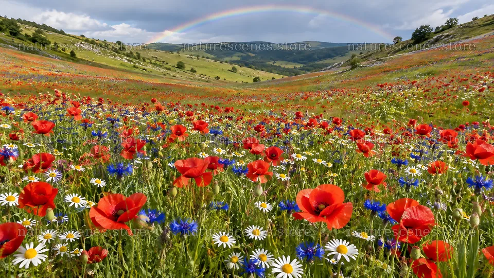 Wildflower Meadow Across Rolling Green Hills – nature scenes 10324x5812