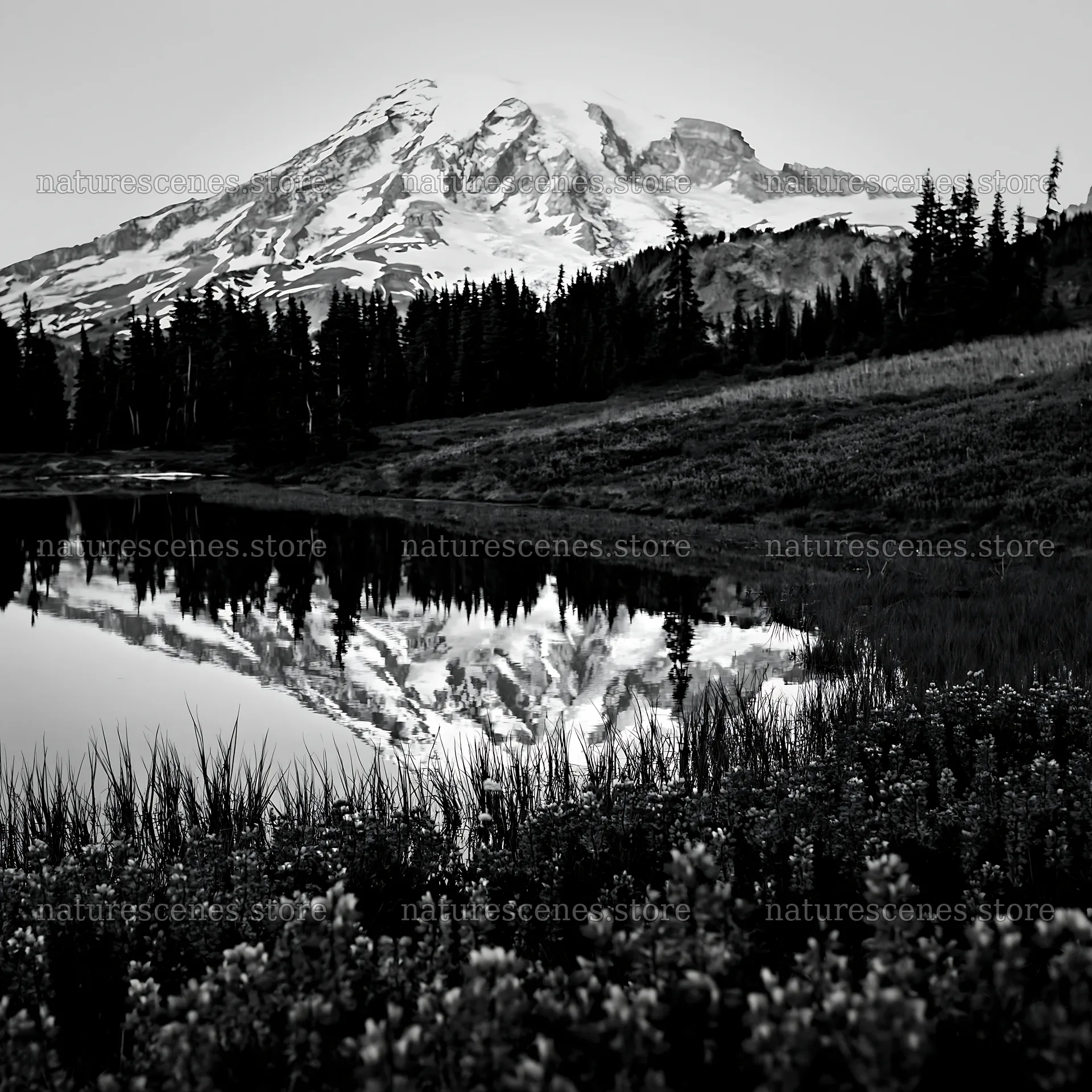 Mount Rainier wildflower meadow sunrise over the lake – nature scenes 7938x7938
