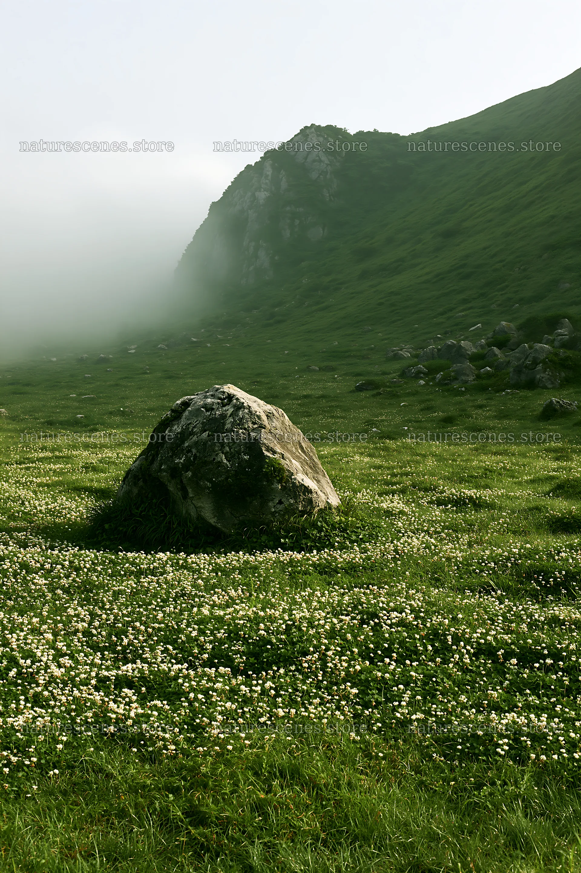 Yamaguchi limestone meadow with pale boulder under misty hills – nature scenes 6480x9722