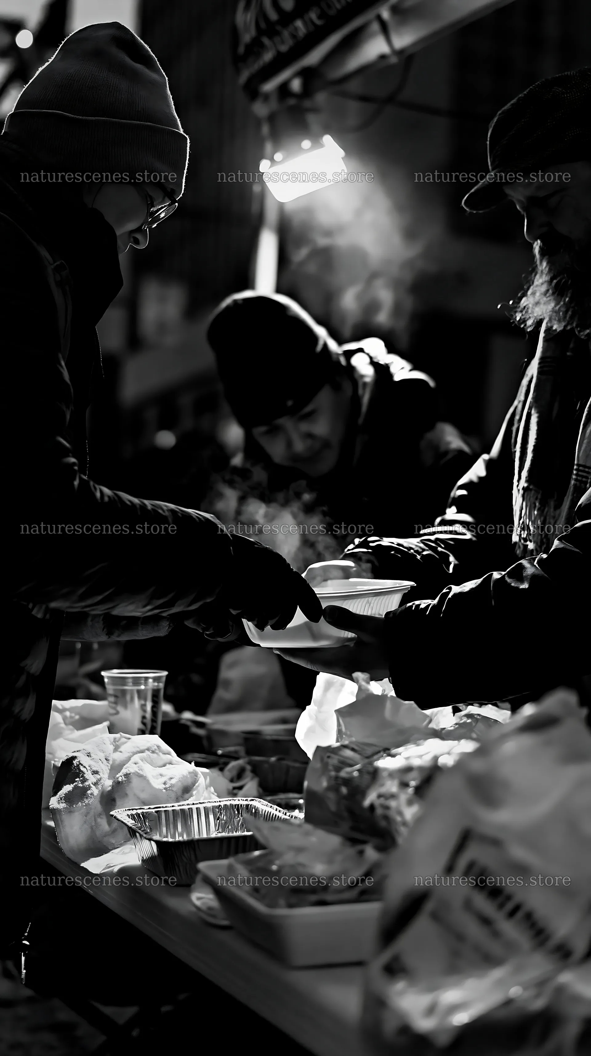 Volunteer handing supplies to unhoused adult on a city street – nature scenes 5938x10608
