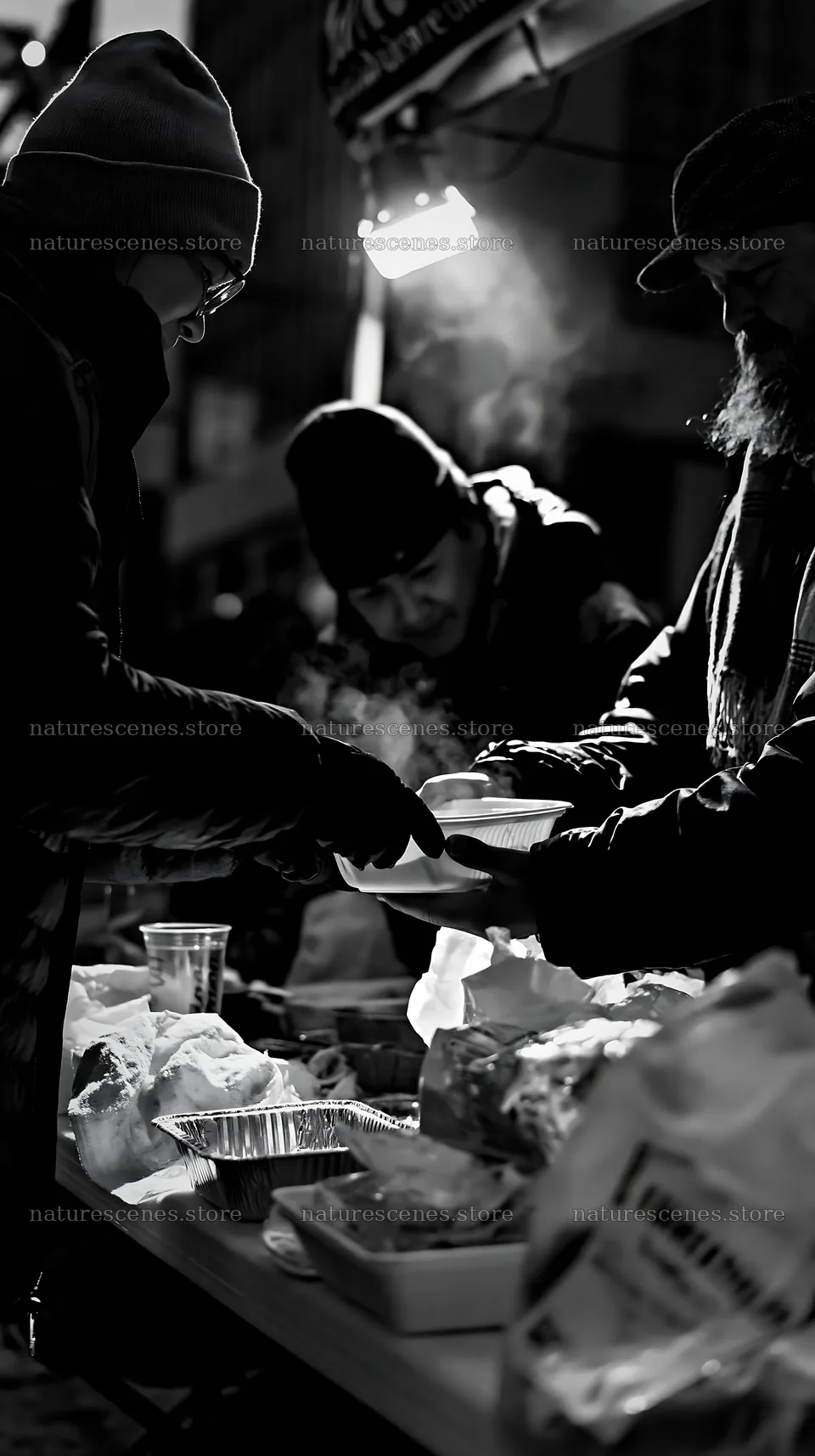 Volunteer handing supplies to unhoused adult on a city street – nature scenes 5938x10608