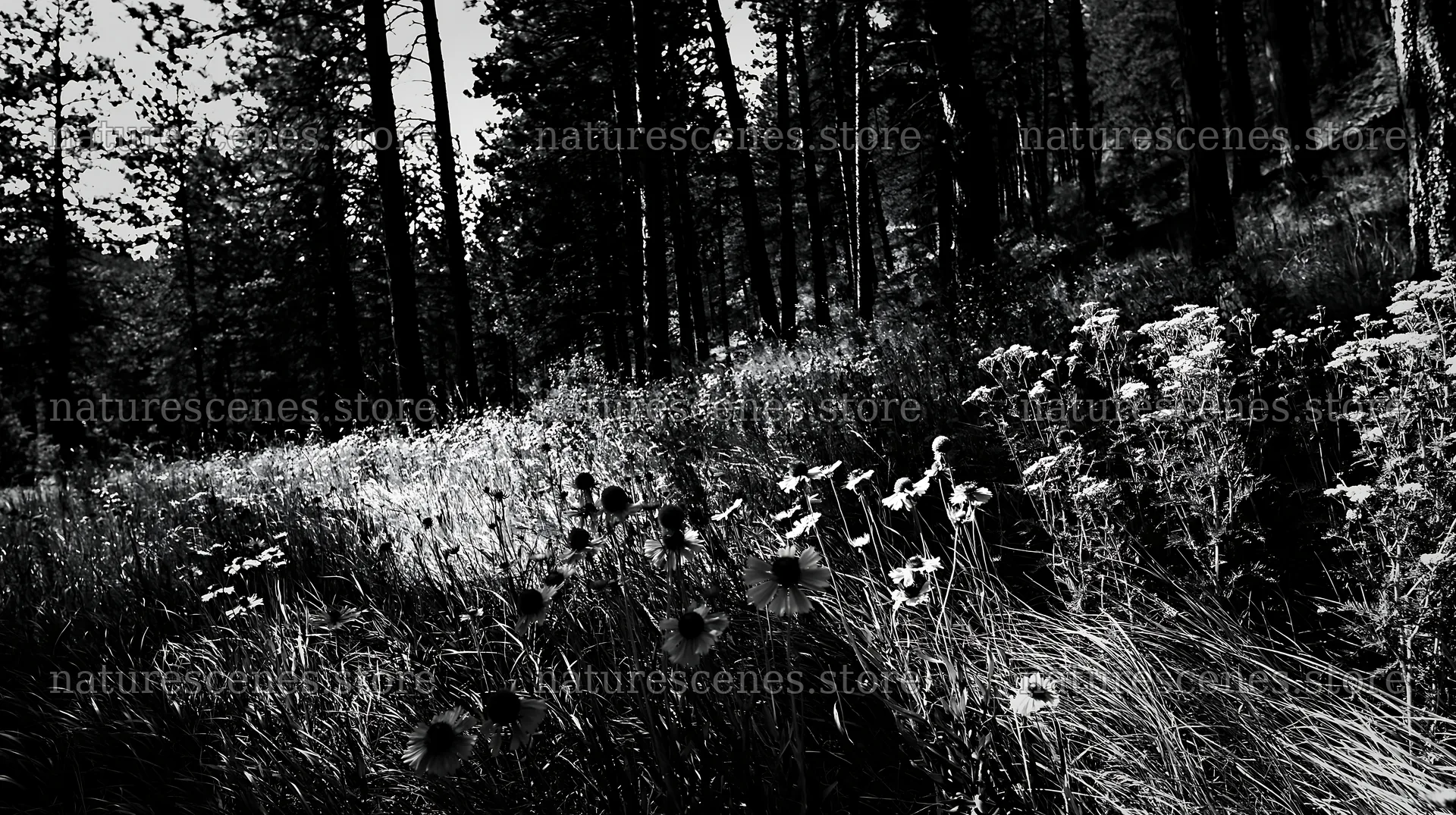 Pine forest meadow with wildflowers at daytime – nature scenes 10608x5938