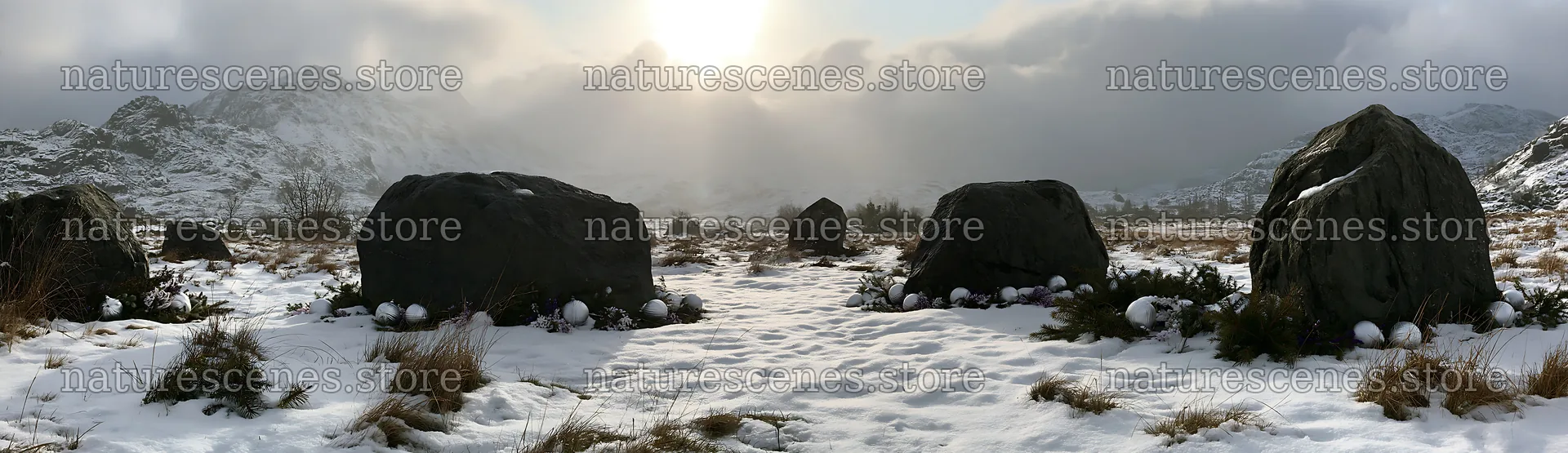 Snowy meadow with Christmas ornaments and rays through clouds – nature scenes 14762x4268