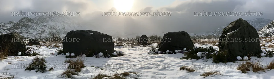 Snowy meadow with Christmas ornaments and rays through clouds – nature scenes 14762x4268