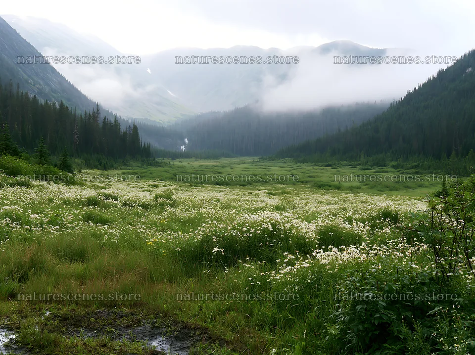 Misty mountains and a lush meadow with a distant waterfall – nature scenes 9174x6866