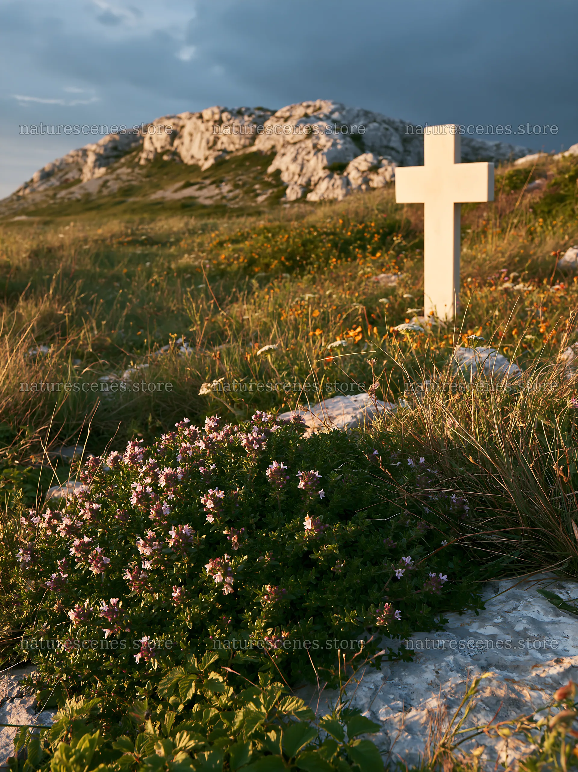 White Christian cross in meadow near rocky hill – nature scenes 6866x9174