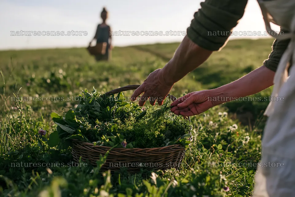Gathering herbs in a meadow for an easter basket – nature scenes 9722x6480