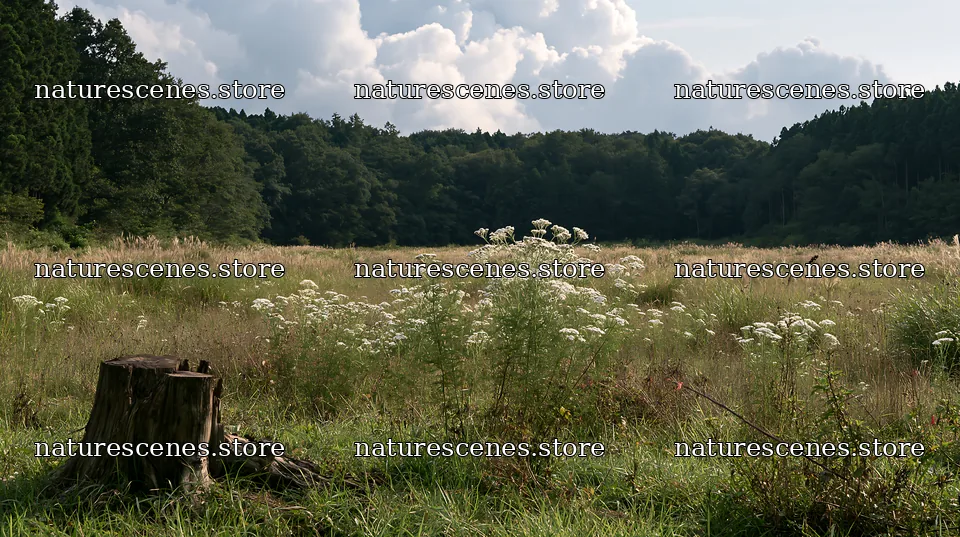 Fukushima native meadow with weathered stump – nature scenes 10608x5938