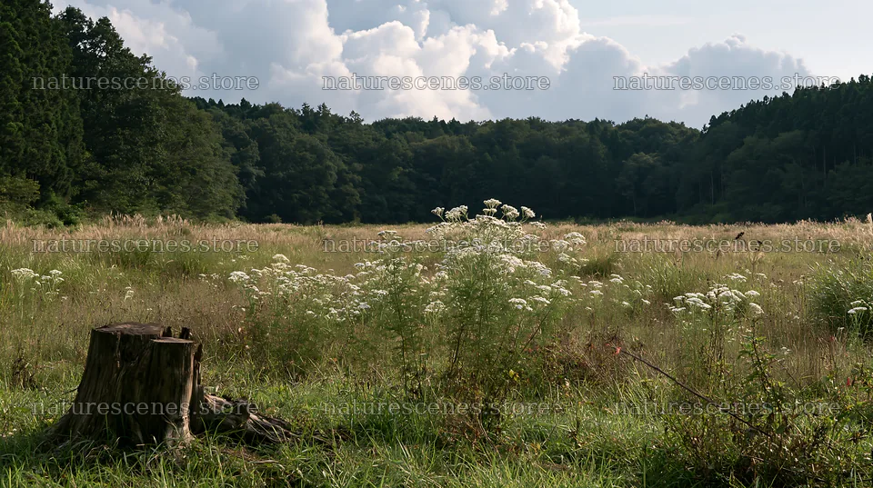 Fukushima native meadow with weathered stump – nature scenes 10608x5938