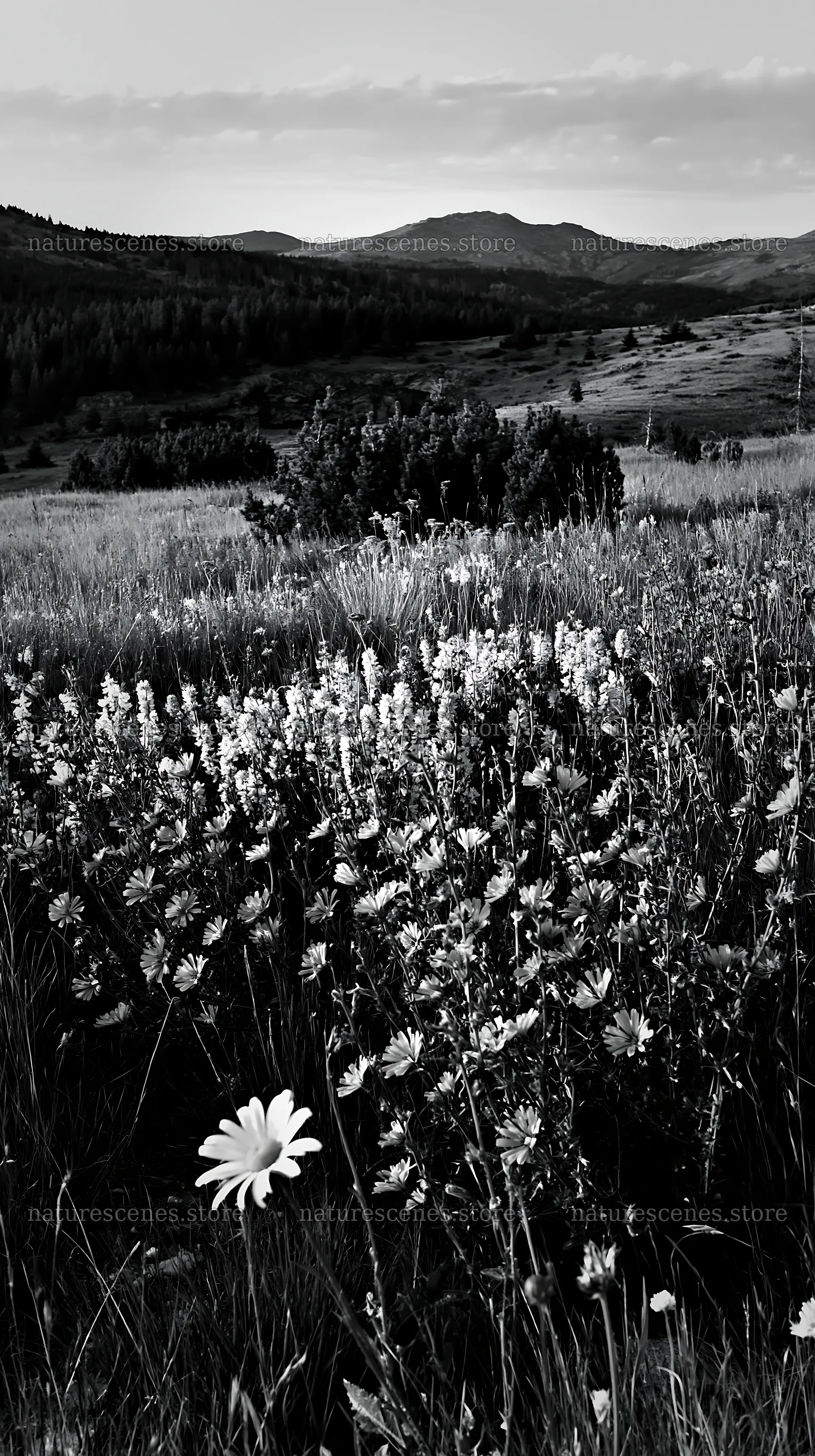 Sainfoin chicory meadow with flowers and distant mountains – nature scenes 5938x10608